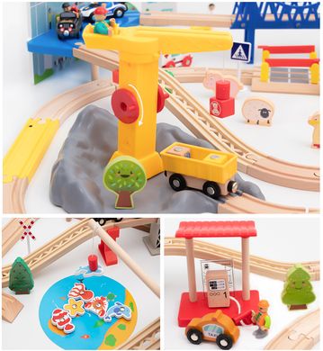 Детская игрушечная железная дорога из дерева Iekool, 100 деталей, 110x72 (Brio, Ikea, Playtive), Без электро локомотива