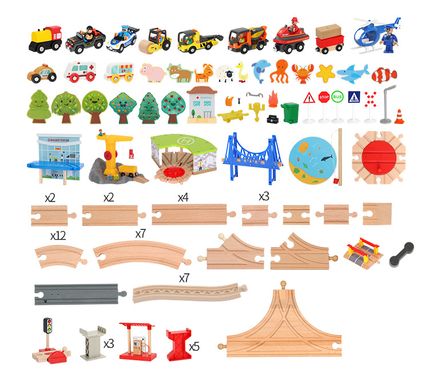 Детская игрушечная железная дорога из дерева Iekool, 100 деталей, 110x72 (Brio, Ikea, Playtive), Без электро локомотива