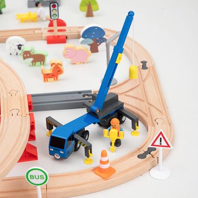 Детская игрушечная железная дорога из дерева Iekool, 90 деталей, 102x65 (Brio, Ikea, Playtive), Без электро локомотива