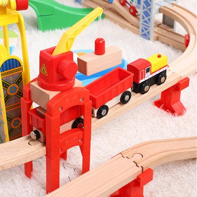 Залізниця з дерева дитяча, Iekool, 100 деталей, 102x88, (Brio, Ikea, Edwone) Iecool 33, Без электро локомотива