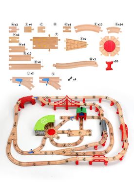 Детская игрушечная железная дорога из дерева Iekool, 146 деталей, 126x100 (Brio, Ikea, Playtive), Электро локомотив