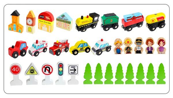 Набор декораций, персонажей и машинок к деревянной дороге Brio, Ikea lillabo, Edwone и других (E18C06)