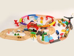 Детская игрушечная железная дорога из дерева Iekool, 110 деталей, 103x83 (Brio, Ikea, Playtive), Электро локомотив