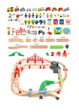 Залізниця з дерева дитяча, Iekool, 100 деталей, 102x88, (Brio, Ikea, Edwone) Iecool 33, Без электро локомотива