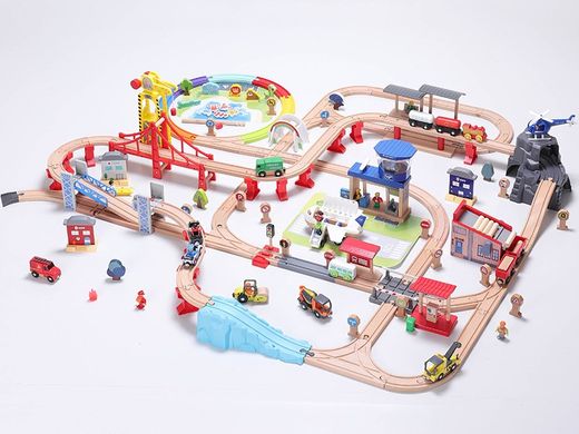 Детская игрушечная железная дорога из дерева Iekool, 150 деталей, 142x132 (Brio, Ikea, Playtive), Без электро локомотива