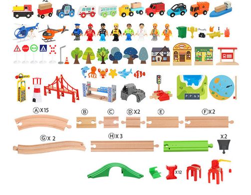 Залізниця з дерева дитяча, Iekool, 100 деталей, 102x88, (Brio, Ikea, Edwone) Iecool 33, Без електро локомотива
