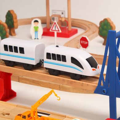 Детская игрушечная железная дорога из дерева Iekool, 110 деталей, 140x52 (Brio, Ikea, Playtive), Электро локомотив