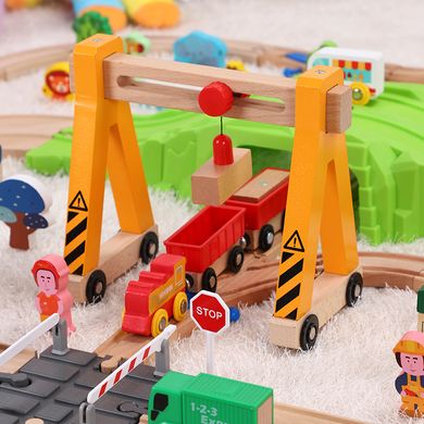 Дитяча іграшкова залізниця з дерева Iekool, 110 деталей, 102x125 (Brio, Ikea, Playtive), Без електро локомотива