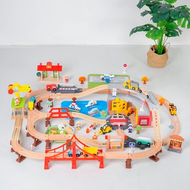 Дитяча залізниця з дерева Iekool, 110 деталей, 101x80 (Brio, Ikea, Playtive), Без електро локомотива