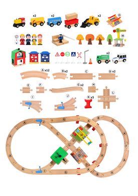 Детская игрушечная железная дорога из дерева Iekool, 70 деталей, 102x52 (Brio, Ikea, Playtive), Без электро локомотива