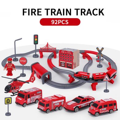 Детская железная дорога "Пожарная станция", 92 детали, красный (AU6883AB), Электро локомотив