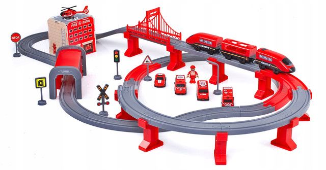 Детская железная дорога "Пожарная станция", 92 детали, красный (AU6883AB), Электро локомотив