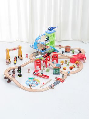 Дитяча іграшкова залізниця з дерева Iekool, 110 деталей, 115x85 (Brio, Ikea, Playtive), Електро локомотив