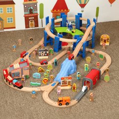 Детская игрушечная железная дорога из дерева Iekool, 100 деталей, 120x70 (Brio, Ikea, Playtive), Без электро локомотива