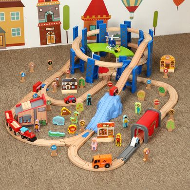 Дитяча іграшкова залізниця з дерева Iekool, 100 деталей, 120x70 (Brio, Ikea, Playtive), Електро локомотив