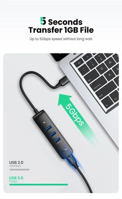 USB-хаб Ugreen USB 3.0 hub 4 порти 25 см Black (CM456)