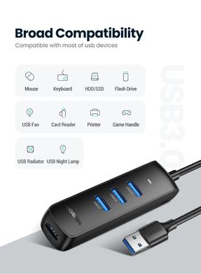 USB-хаб Ugreen USB 3.0 hub 4 порти 25 см Black (CM456)