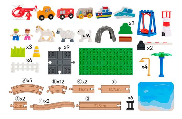 Дитяча залізниця з дерева Iekool, 78 деталей, 74x84 (Brio, Ikea, Playtive) PB-GD, Без електро локомотива