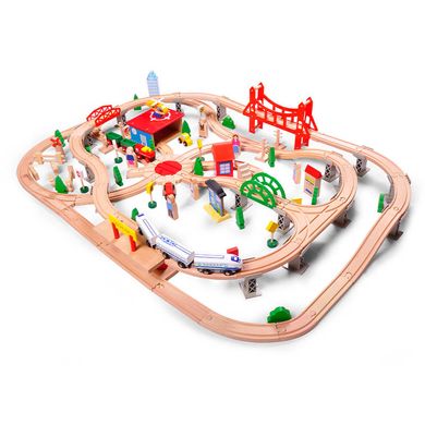Железная дорога из дерева детская Acool Toy, 130 деталей, 118x75 (Brio, Ikea, Playtive) AC7502, Без электро локомотива