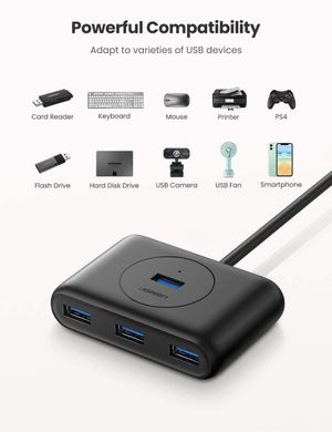 USB-хаб Ugreen USB 3.0, 4 порти, 25 см, Black (CR113)