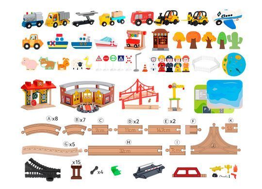 Дитяча залізниця з дерева Iekool, 134 деталі, 101x80 (Brio, Ikea, Playtive) SCDCZ, Без електро локомотива