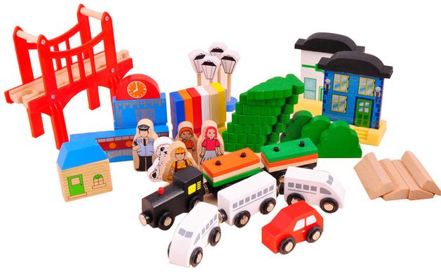 Железная дорога из дерева детская Acool Toy, 80 деталей, 62x83 (Brio, Ikea, Playtive) AC7506, Электро локомотив