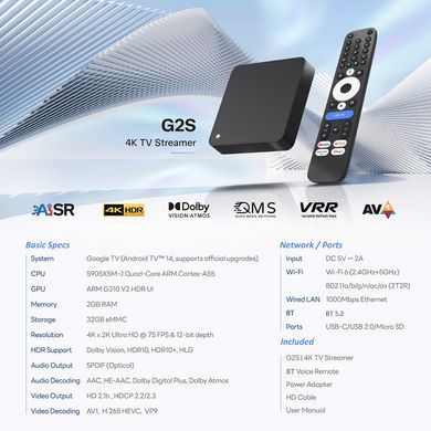 RockTek G2S 2/32 ГБ, Google TV 14, Amlogic S905X5M-J, Netflix, Dolby Vision