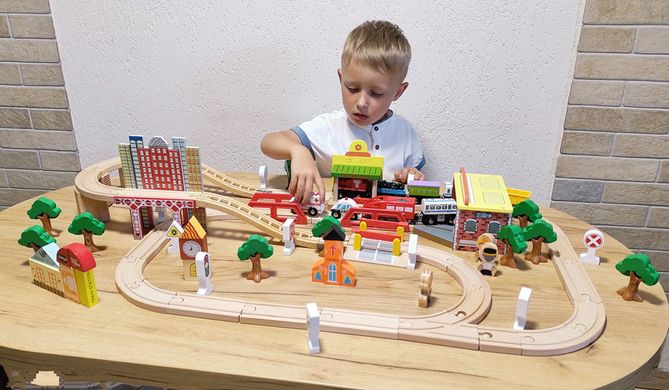 Дитяча іграшкова залізниця з дерева EdWone, 110 деталей (Brio, Ikea) E17P05, E21A03, Електро локомотив