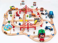 Детская игрушечная железная дорога из дерева Iekool, 110 деталей, 102x115 (Brio, Ikea, Playtive), Без электро локомотива